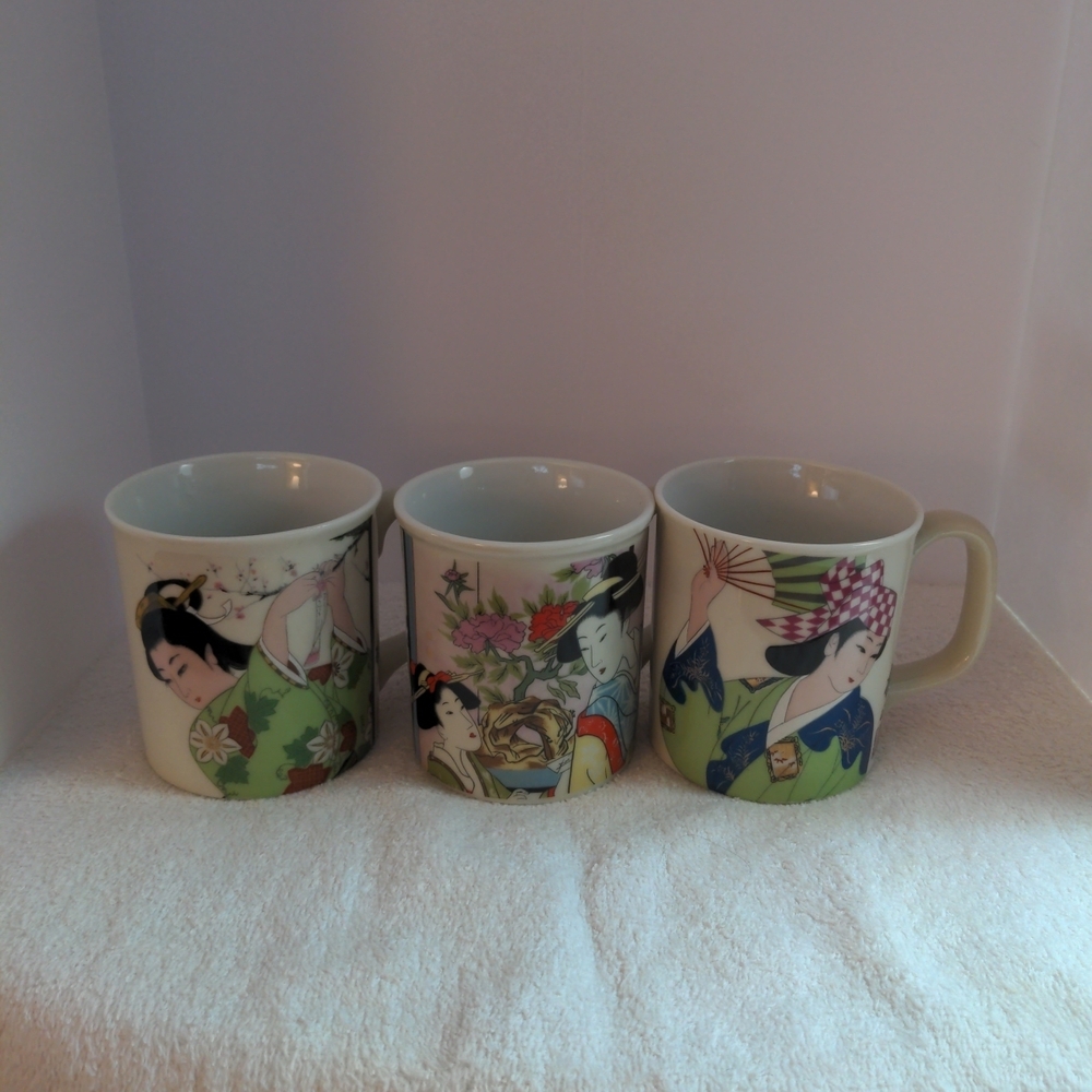 Artistic Ceramic Mug Trio with Japanese Design
